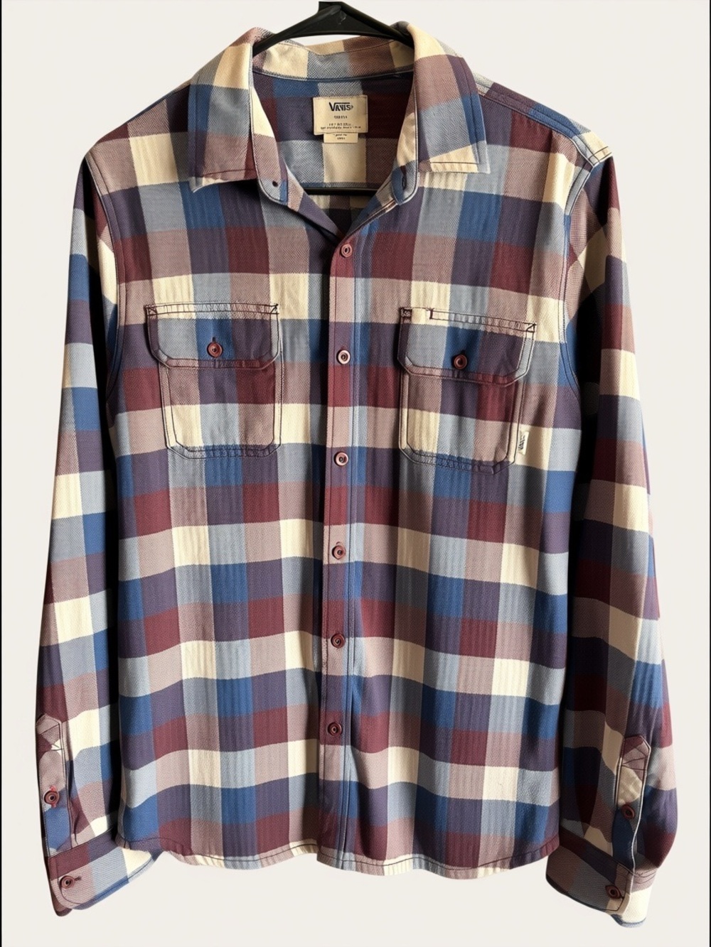 Vans Plaid Flannel Button Down Shirt Maroon Blue Tan Small